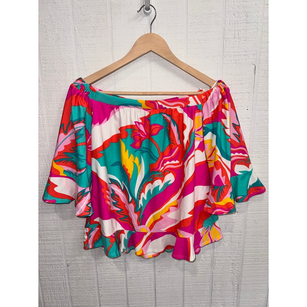 Jude Connally Off The Shoulder Top Womens Pink Teal Tropical Ruffle XS